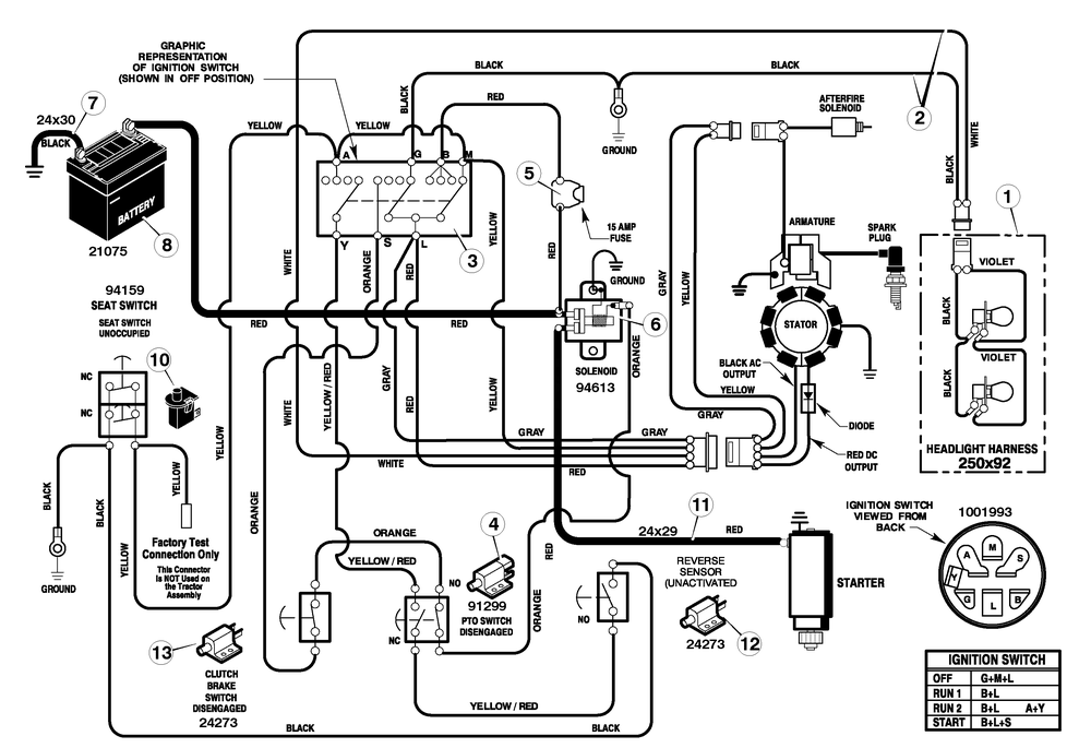 Electrical System Diagram and Parts List for 387002X92D 2005 Briggs and Stratton Lawn Tractor